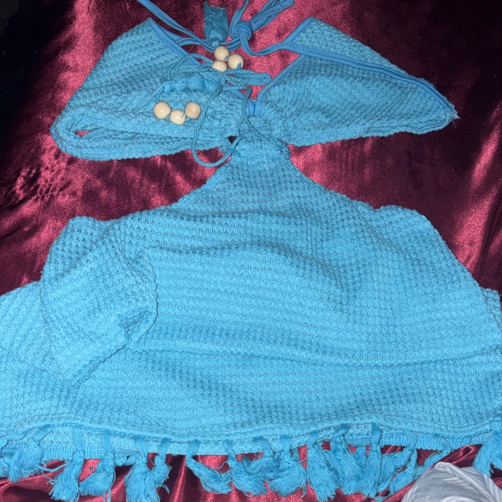 Blue Knit Drawstring Bag
